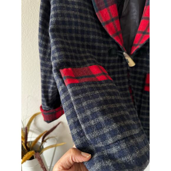Vtg Ralph Lauren Lambs New Wool  Red Tartan Plaid Festive Blazer Horn Toggle M - Picture 8 of 16